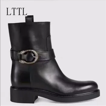 Real picture black solid low heels ankle boots round toe square heels boots fashion buckle motorcycle boots women boots 2017