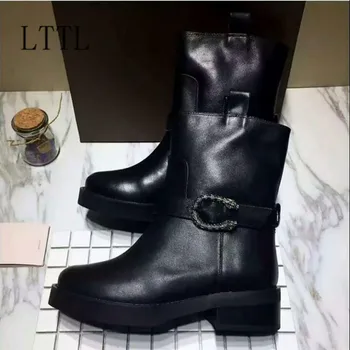 Real picture black solid low heels ankle boots round toe square heels boots fashion buckle motorcycle boots women boots 2017