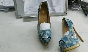 New fashion women denim embroidery rhinestone high heel pumps peep toe dress shoes