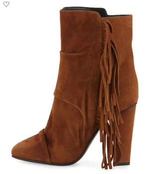 Pleated suede leather ankle boots tassel high heel women winter bootie size 34 to 42 rough heel short boots