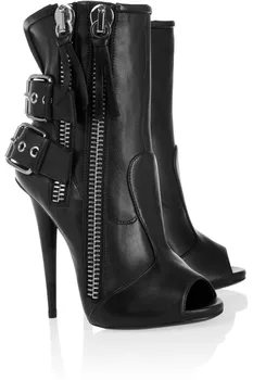 Summer style Women's fashion price nude black open toe double zipper spike heel booties buckle strap graceful dress shoes