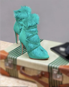 Runway high heel shoes pointed toe fur decorations ankle boots lace-up woman high heel boots green suede boots