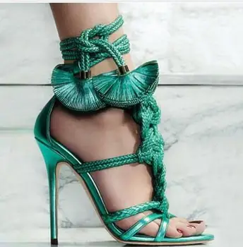 2017 bohemian style women tassel sandals ankle wrap green flowers high heels fringe sandals open toe celebrity shoes