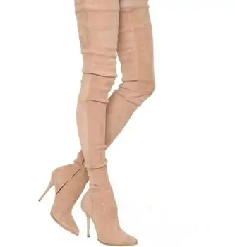 2017 Runway pointed toe high heel boots sexy thigh high boots for woman nude stretch suede over the knee boots