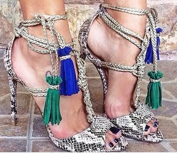 Hot Selling Snake Print Leather Lace-up Strap Sandals High Heel Cut-out Gladiator Sandals Boots For Women Size 34-42 Drop Ship