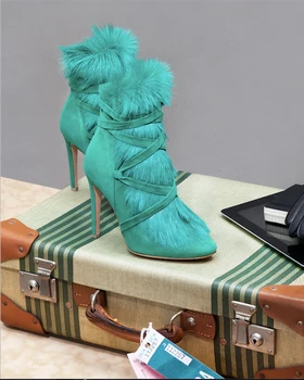 Runway high heel shoes pointed toe fur decorations ankle boots lace-up woman high heel boots green suede boots
