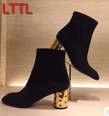 2017 fashion women black Boots leather ankle booties side zip gladiator booties gold thick heel bota point toe motorcycle bota