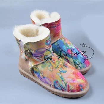 Top quality winter boots for women sheepskin fur and wool boots graffiti colorful pattern boots with cystal button snow boots