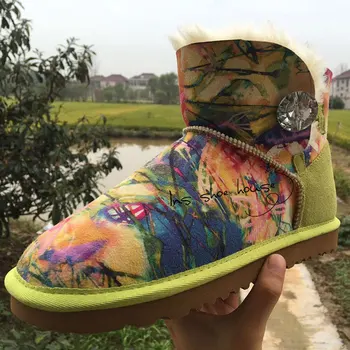 Top quality winter boots for women sheepskin fur and wool boots graffiti colorful pattern boots with cystal button snow boots