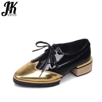 J&K Size 32-43 2017 Popular Wood Heels Patent Oxford Shoes Casual Spring Fall Women Pumps Sewing Square Toe Lace Up Shoes Woman