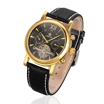 Stainless Steel Leather Mechanical Watches Men's Luxury Brand Automatic Wristwatches ORKINA Black Fashion Business Watches