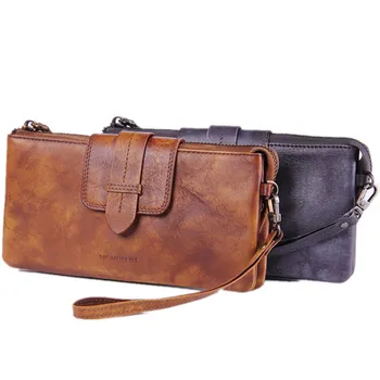 MONOLETH Genuine Leather Hand Strap Wallet Men Vintage Long Wallets Zipper Purse Brand Wallet Phone Case Clutch Wallets W3003