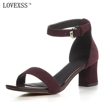 LOVEXSS Oxfords Sandals Genuine Leather High Heel Sandals Plus Size 33 - 42 Woman Shoes Black Apricot Gray Wine Red Sandals 2017