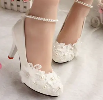 Wedding shoes for women new design ivory lace low high heels flowers pearls anklet woman bridal shoe dress proms party pumps