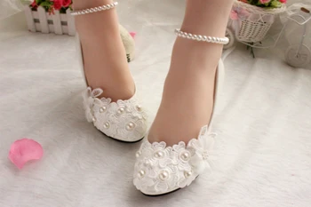 Wedding shoes for women new design ivory lace low high heels flowers pearls anklet woman bridal shoe dress proms party pumps