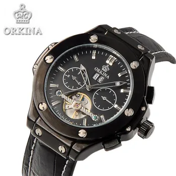 Orkina Watch Luxury Brand Black Leather Mechanical Men's Watches Auto Date Automatic Wrist Watch with Box