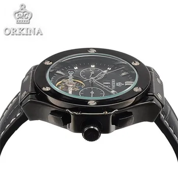 Orkina Watch Luxury Brand Black Leather Mechanical Men's Watches Auto Date Automatic Wrist Watch with Box