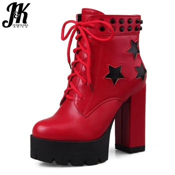 Plus Size 34-43 2016 Patch Color Ankle Boots Thick High Heels Skid Proof Platform Shoes Woman Rivets Lace Up Fall Winter Boots