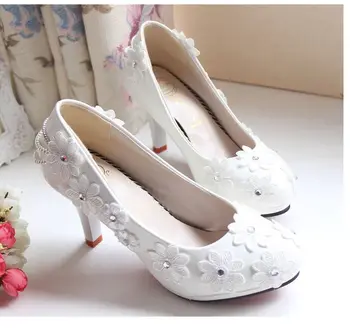 NEW! Wedding shoes bride womens white lace flowers chains sexy bridal shoes custom make heels plus sizes 40 41 42wedding shoes