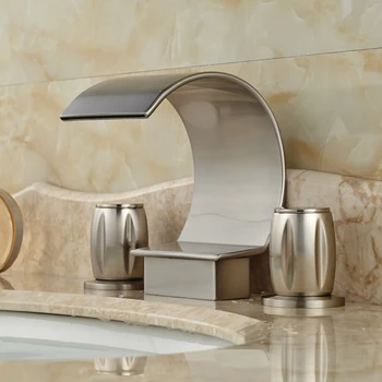 Brushed Nickel Waterfall Spout Bathroom Sink Basin Faucet Deck Mount 3 Holes Mixer Taps