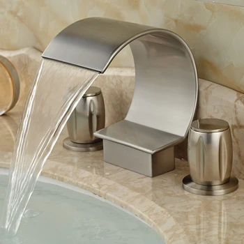 Brushed Nickel Waterfall Spout Bathroom Sink Basin Faucet Deck Mount 3 Holes Mixer Taps