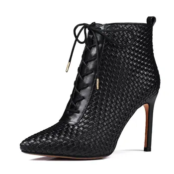 ALLBITEFO Fashion brand genuine leather Weave design sexy high heel short women boots winter snow warm ankle boots girl boots