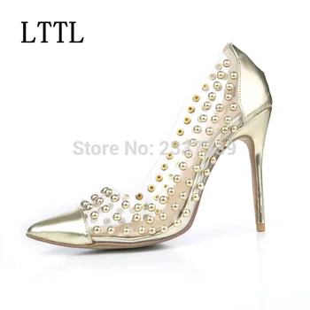 LTTL Classic PVC Clear Pointed Toe Women Pumps Rivets High Heels Gold Sliver Color Wedding Party Dress Shoes Chaussure Femme