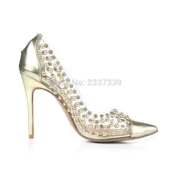 LTTL Classic PVC Clear Pointed Toe Women Pumps Rivets High Heels Gold Sliver Color Wedding Party Dress Shoes Chaussure Femme