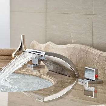 Chrome Finish Dual Handle Bathroom Basin Faucet Deck Mounted Waterfall Style