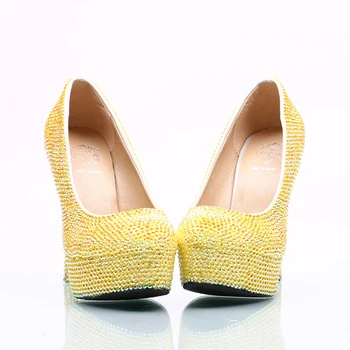 2017 New Arrived Yellow AB Color Rhinestone Wedding Party Shoes Handmade Bridal Dress Shoes Birthday Party High Heels Prom Pumps