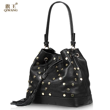 QIWANG Real Leather Bucket Bag Rivet Handbag Women Genuine Leather Handbags Lady String Bag with Rivet for Female