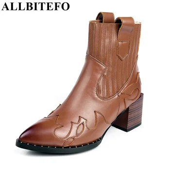 ALLBITEFO thick heel genuine leather rivets ankle boots fashion pointed toe Elastic band short women boots winter snow boots