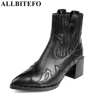 ALLBITEFO thick heel genuine leather rivets ankle boots fashion pointed toe Elastic band short women boots winter snow boots