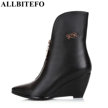 ALLBITEFO Size:33-43 wedges heel pointed toe genuine leather winter warm women boots fashion high heels ankle boots snow boots