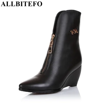 ALLBITEFO Size:33-43 wedges heel pointed toe genuine leather winter warm women boots fashion high heels ankle boots snow boots