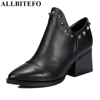 ALLBITEFO genuine leather rivets high heels pointed toe fashion knight short women boots pointed toe platform ankle martin boots