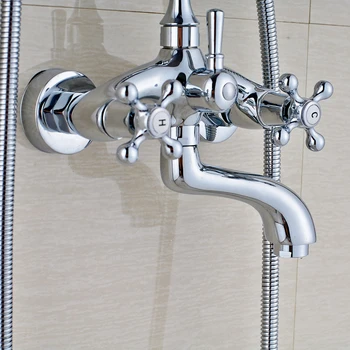 Polished Chrome Bathroom Tub Filler Wall Mounted Dual Handle Two Functions Bathtub Mixer Faucet with Handshower