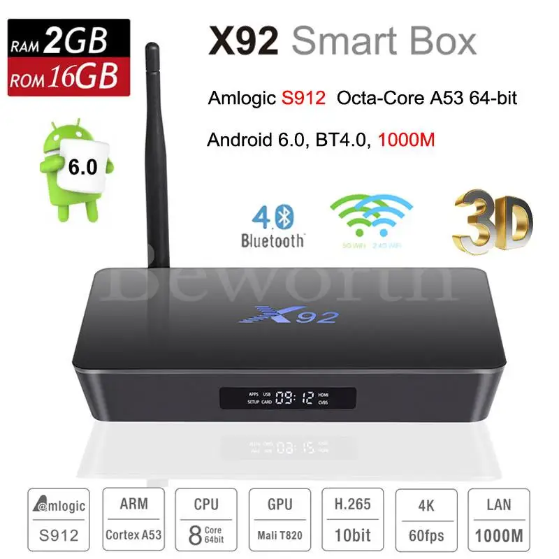 X92 Android 6.0 TV Box 3GB 32GB 2G 16GB Amlogic S912 Octa Core 4K 3D Smart Media Player KODI Bluetooth 2.4 5.8G Wifi Mini PC DHL