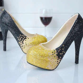 Black and Gold Rhinestone Bride Shoes 2017 Newest Style Chrismas Prom Party High Heel Shoes Wedding Party Pumps Banquet Shoes