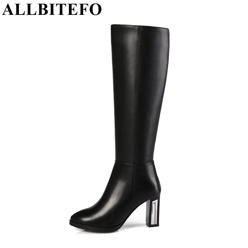 ALLBITEFO size 33-44 simple leisure high heel women boots genuine leather +PU knee high boots fur inside winter thigh high boots