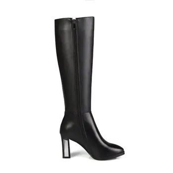 ALLBITEFO size 33-44 simple leisure high heel women boots genuine leather +PU knee high boots fur inside winter thigh high boots