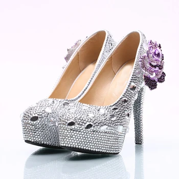 2017 Wedding Ceremony Shoes 14cm High Heel Silver Rhinestone Bridal Dress Shoes with Purple Crystal Flower Party Prom Pumps