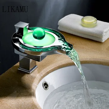 Bathroom Basin Faucet Brass Chromed LED Waterfall Taps Water Power Basin Led Tap Mixer 3 colors Change Torneira