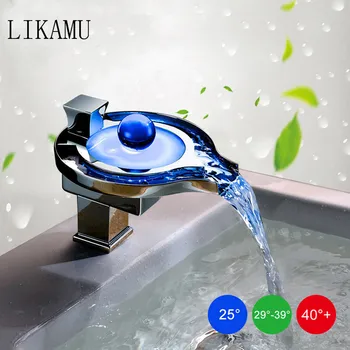 Bathroom Basin Faucet Brass Chromed LED Waterfall Taps Water Power Basin Led Tap Mixer 3 colors Change Torneira