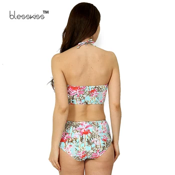 BLESSKISS Super Push Up Bikini Women Swimwear 2017 Print High Waist Swimsuit Plus Size Halter Beach Wear Swim Bathing Suits XXL
