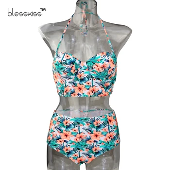 BLESSKISS Super Push Up Bikini Women Swimwear 2017 Print High Waist Swimsuit Plus Size Halter Beach Wear Swim Bathing Suits XXL