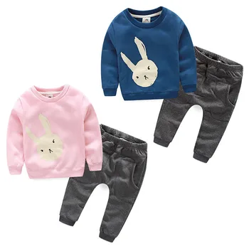 Cartoon Rabbit Thick Children Clothing Set, Autumn Winter Warm Boys Girls O-neck Pullover + Pants, Kid Sports Shirt Trousers