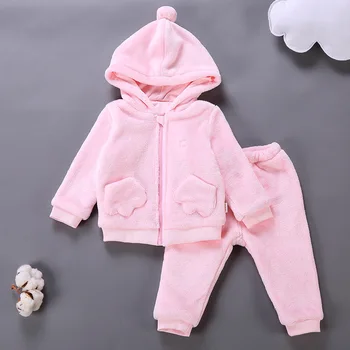 Baby Girls Spring Autumn Clothing Set Infant Toddler Coral Fleece Sweater Trousers Children Kids Zipper Hoodies and Pants Suit