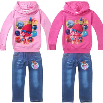 2017 Newest Children Clothing Sets Kids Girls Trolls Sweatshirts Topwear pants suit girls Zipper Cardigan Hoodies and Jeans set