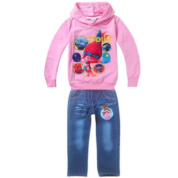 2017 Newest Children Clothing Sets Kids Girls Trolls Sweatshirts Topwear pants suit girls Zipper Cardigan Hoodies and Jeans set